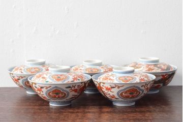 幕末〜明治　色絵染付　蓋茶碗5客(和食器)(R-052811)