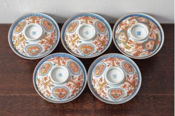 幕末〜明治　色絵染付　蓋茶碗5客(和食器)(R-052811)