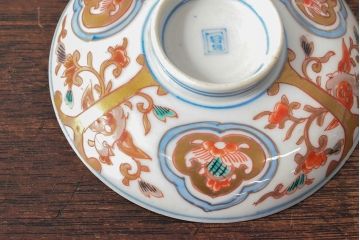 幕末〜明治　色絵染付　蓋茶碗5客(和食器)(R-052811)