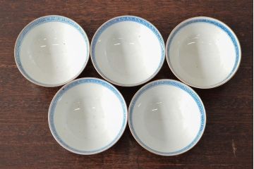 幕末〜明治　色絵染付　蓋茶碗5客(和食器)(R-052811)