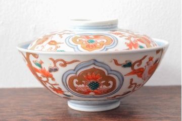 幕末〜明治　色絵染付　蓋茶碗5客(和食器)(R-052811)