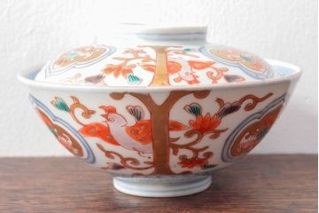 幕末〜明治　色絵染付　蓋茶碗5客(和食器)(R-052811)