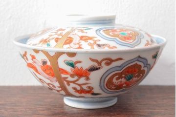 幕末〜明治　色絵染付　蓋茶碗5客(和食器)(R-052811)