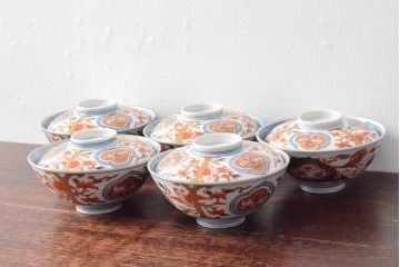 幕末〜明治　色絵染付　蓋茶碗5客(和食器)(R-052812)