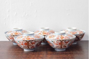 幕末〜明治　色絵染付　蓋茶碗5客(和食器)(R-052812)