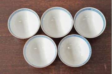 幕末〜明治　色絵染付　蓋茶碗5客(和食器)(R-052812)