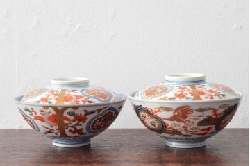 幕末〜明治　色絵染付　蓋茶碗5客(和食器)(R-052812)