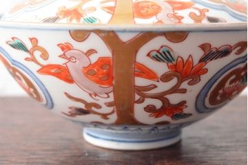 幕末〜明治　色絵染付　蓋茶碗5客(和食器)(R-052812)