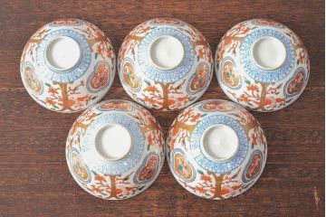 幕末〜明治　色絵染付　蓋茶碗5客(和食器)(R-052813)