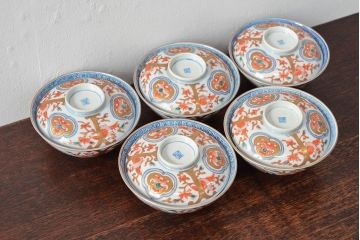 幕末〜明治　色絵染付　蓋茶碗5客(和食器)(R-052813)