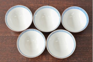幕末〜明治　色絵染付　蓋茶碗5客(和食器)(R-052813)