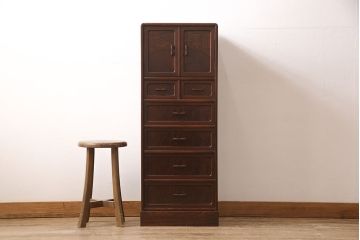 中古　国産手造り家具　ケヤキ材　人気の縦型デザインが嬉しい小引き出し(小物収納、チェスト)(R-052846)