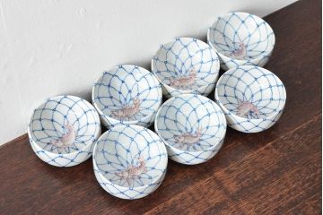 大日本米禽製　鯉の図　染付湯呑7客セット(茶道具、和食器)(R-052851)