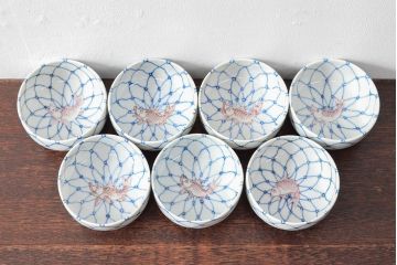 大日本米禽製　鯉の図　染付湯呑7客セット(茶道具、和食器)(R-052851)