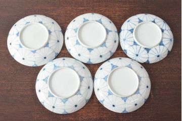 江戸期　古伊万里　菊花尽し　染付五寸五分皿5枚セット(和食器、小皿)(R-052855)