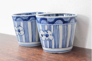 明治期　伊万里焼　染付蕎麦猪口2客セット(そば猪口、和食器)(R-052856)