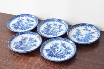 明治〜大正　伊万里焼　草花文染付　四寸皿5枚セット(和食器、小皿)(R-052857)
