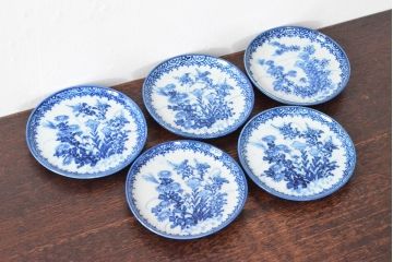 明治〜大正　伊万里焼　草花文染付　四寸皿5枚セット(和食器、小皿)(R-052857)