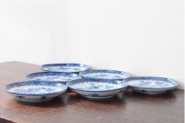 明治〜大正　伊万里焼　草花文染付　四寸皿6枚セット(和食器、小皿)(R-052858)