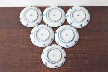 明治〜大正　伊万里焼　草花文染付　四寸皿6枚セット(和食器、小皿)(R-052859)