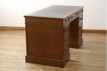 中古　美品　DREXEL HERITAGE(ドレクセルヘリテイジ)　Triune(トライユン)　レザートップが格好いいマホガニー材製のデスク(定価約75万円)(両袖机、在宅ワーク、在宅用ワークデスク)(R-052870)