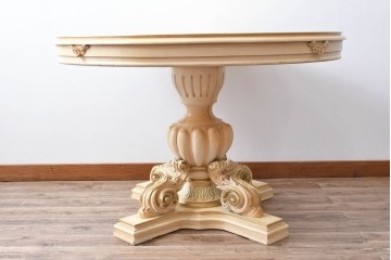 ヨーロッパビンテージ　イタリア輸入家具　ロココ調　見事な彫刻と天板の花の絵が優雅なダイニングテーブル　(R-052878)