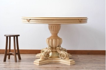 ヨーロッパビンテージ　イタリア輸入家具　ロココ調　見事な彫刻と天板の花の絵が優雅なダイニングテーブル　(R-052878)