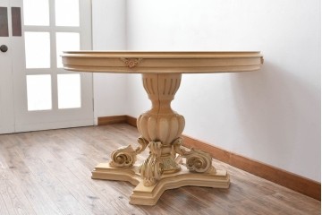 ヨーロッパビンテージ　イタリア輸入家具　ロココ調　見事な彫刻と天板の花の絵が優雅なダイニングテーブル　(R-052878)