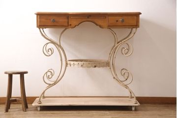 中古　DREXEL HERITAGE(ドレクセルヘリテイジ)　アメリカ輸入モデル　異素材ミックスなデザインが面白いコンソールテーブル(ハイデスク、在宅ワーク、在宅用サイドテーブル)(R-052882)