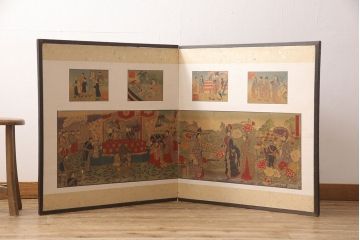 明治期　楊洲周延　版画等　色彩豊かで空間に華やぎをもたらす張交屏風衝立(明治天皇、ようしゅうちかのぶ)(R-052897)