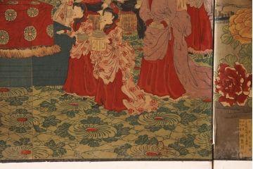 明治期　楊洲周延　版画等　色彩豊かで空間に華やぎをもたらす張交屏風衝立(明治天皇、ようしゅうちかのぶ)(R-052897)