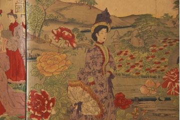 明治期　楊洲周延　版画等　色彩豊かで空間に華やぎをもたらす張交屏風衝立(明治天皇、ようしゅうちかのぶ)(R-052897)