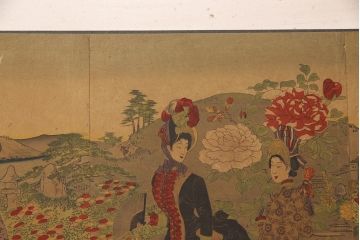 明治期　楊洲周延　版画等　色彩豊かで空間に華やぎをもたらす張交屏風衝立(明治天皇、ようしゅうちかのぶ)(R-052897)