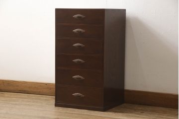 中古　美品　江戸指物　前面桑材　拭き漆塗りが美しい六段小引き出し(小物収納、卓上収納)(R-052902)