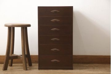 中古　美品　江戸指物　前面桑材　拭き漆塗りが美しい六段小引き出し(小物収納、卓上収納)(R-052902)