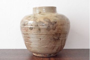 古い　李朝青磁　染付草花文瓶(壷、花瓶、花入)(R-052906)