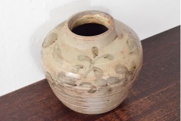 古い　李朝青磁　染付草花文瓶(壷、花瓶、花入)(R-052906)