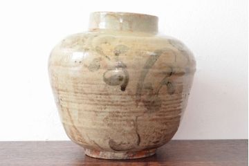 古い　李朝青磁　染付草花文瓶(壷、花瓶、花入)(R-052906)