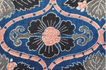 明治期　赤入り藍型染木綿古布(布団皮、藍染)(R-052912)