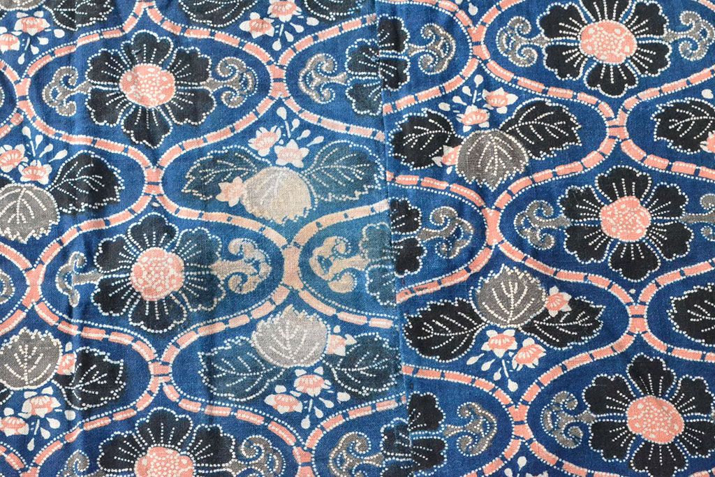 明治期　赤入り藍型染木綿古布(布団皮、藍染)(R-052912)