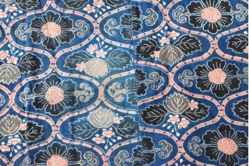 明治期　赤入り藍型染木綿古布(布団皮、藍染)(R-052912)