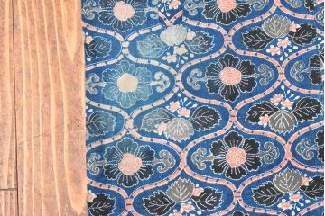 明治期　赤入り藍型染木綿古布(布団皮、藍染)(R-052912)