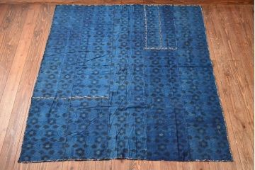 明治期　赤入り藍型染木綿古布(布団皮、藍染)(R-052913)