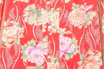 大正〜昭和初期　総花柄縮緬着物(振袖、古布、赤縮、正絹)(R-052914)