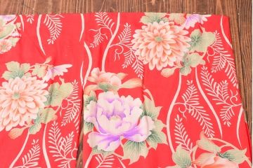 大正〜昭和初期　総花柄縮緬着物(振袖、古布、赤縮、正絹)(R-052914)
