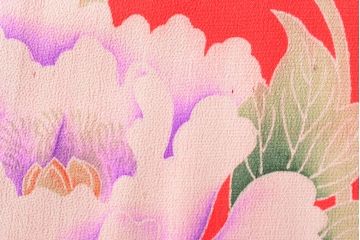 大正〜昭和初期　総花柄縮緬着物(振袖、古布、赤縮、正絹)(R-052914)