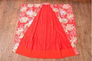 大正〜昭和初期　総花柄縮緬着物(振袖、古布、赤縮、正絹)(R-052914)