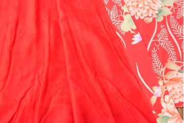 大正〜昭和初期　総花柄縮緬着物(振袖、古布、赤縮、正絹)(R-052914)