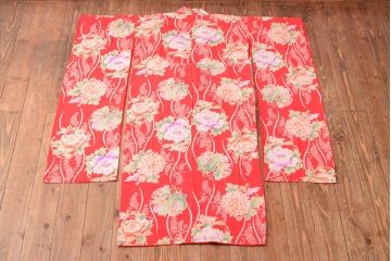 大正〜昭和初期　総花柄縮緬着物(振袖、古布、赤縮、正絹)(R-052914)