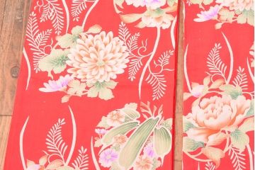 大正〜昭和初期　総花柄縮緬着物(振袖、古布、赤縮、正絹)(R-052914)